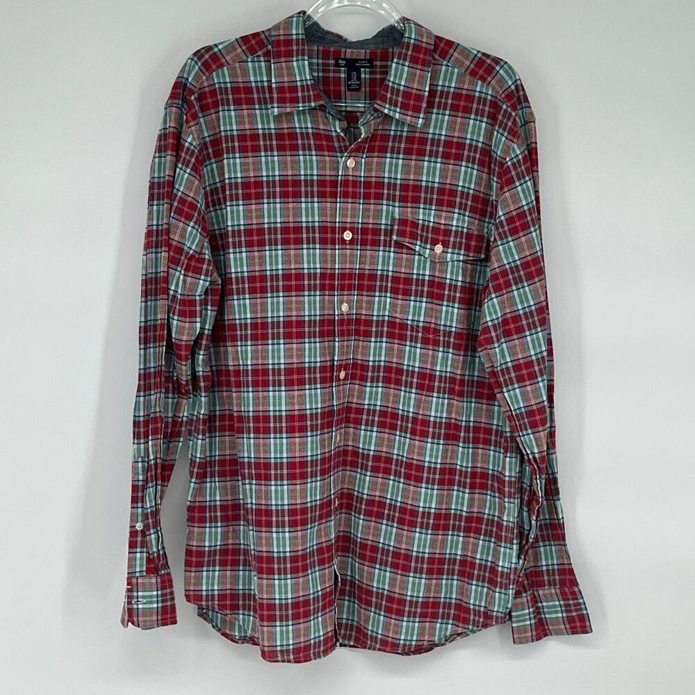 GAP Men’s Button Down Shirt XL Red Green Plaid Long‎ Sleeve Classic Fit Holiday